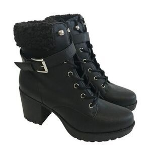 New! Faux Leather Hiker Sherpa Lace Up Platform Block Heel Lug Sole Combat Boots